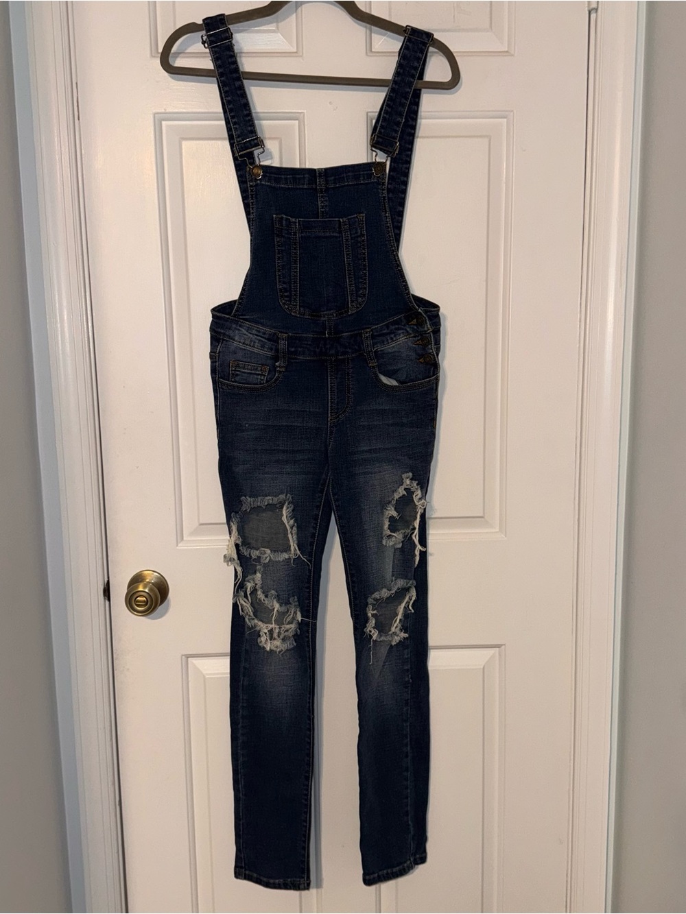 Machine Dark Blue Distressed busted skinny Denim Overalls 27